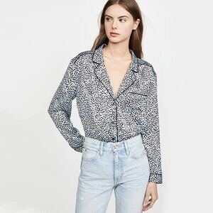 NWT Cupcakes & Cashmere blue / black animal print PJ inspired blouse, L
